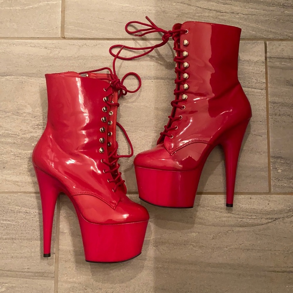 Pleaser Red Patent Platform Ankle Boots